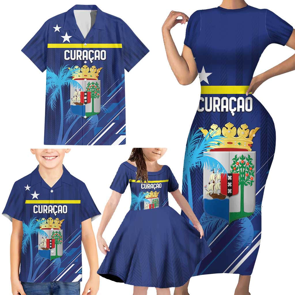 Personalized Curacao Flag Day Family Matching Short Sleeve Bodycon Dress and Hawaiian Shirt Dia di Bandera