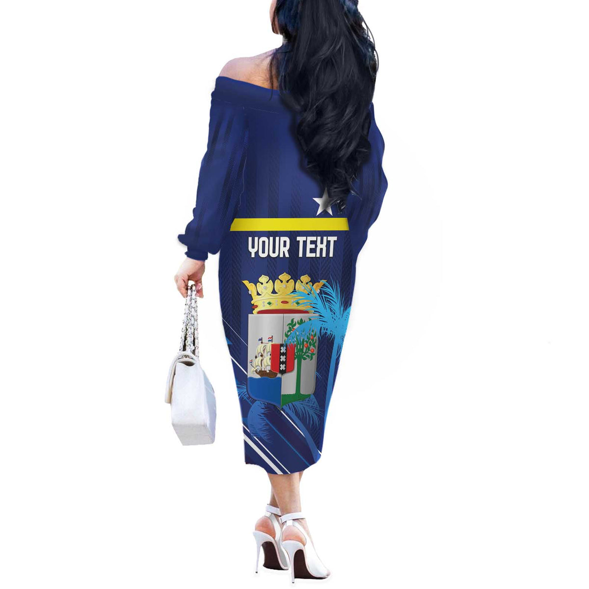 Personalized Curacao Flag Day Off The Shoulder Long Sleeve Dress Dia di Bandera