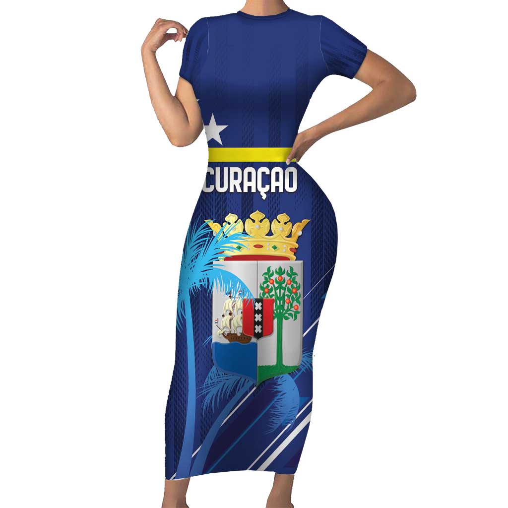 Personalized Curacao Flag Day Short Sleeve Bodycon Dress Dia di Bandera
