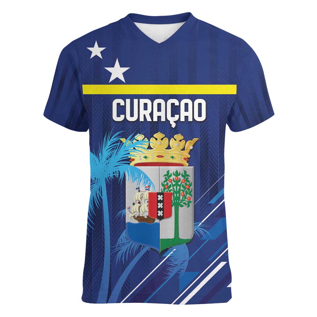 Personalized Curacao Flag Day Women V-Neck T-Shirt Dia di Bandera
