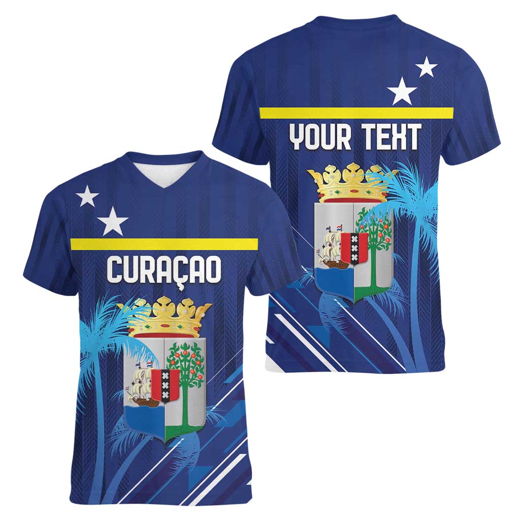 Personalized Curacao Flag Day Women V-Neck T-Shirt Dia di Bandera