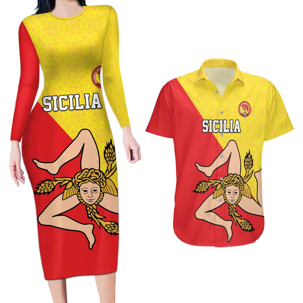 Custom Sicilia Football Couples Matching Long Sleeve Bodycon Dress and Hawaiian Shirt Naziunali Siciliana - Wonder Print Shop