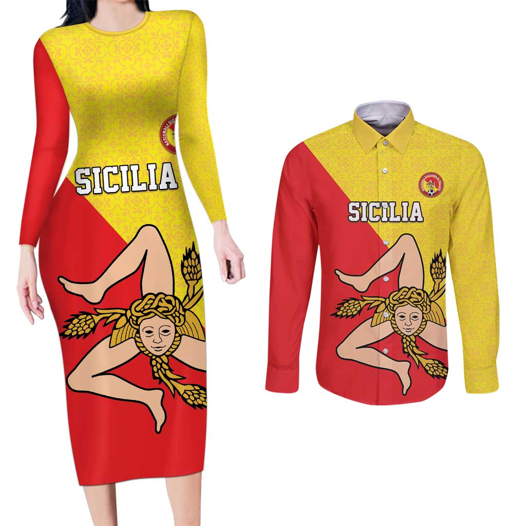 Custom Sicilia Football Couples Matching Long Sleeve Bodycon Dress and Long Sleeve Button Shirt Naziunali Siciliana - Wonder Print Shop