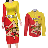 Custom Sicilia Football Couples Matching Long Sleeve Bodycon Dress and Long Sleeve Button Shirt Naziunali Siciliana - Wonder Print Shop