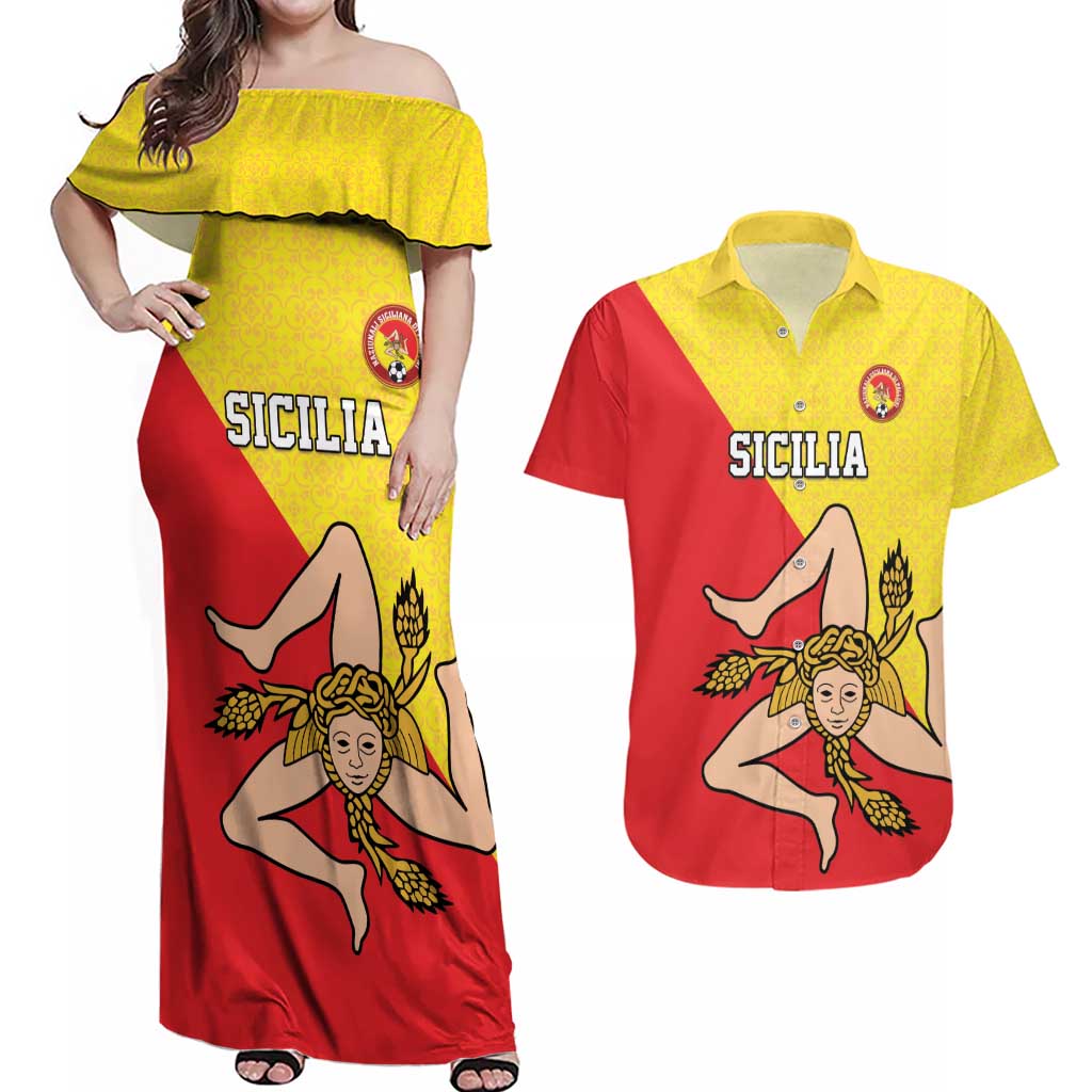 Custom Sicilia Football Couples Matching Off Shoulder Maxi Dress and Hawaiian Shirt Naziunali Siciliana - Wonder Print Shop