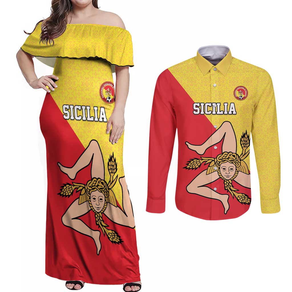 Custom Sicilia Football Couples Matching Off Shoulder Maxi Dress and Long Sleeve Button Shirt Naziunali Siciliana - Wonder Print Shop