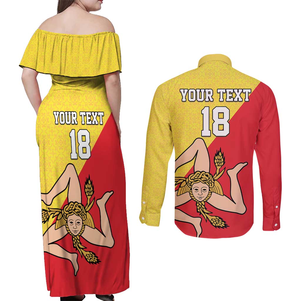 Custom Sicilia Football Couples Matching Off Shoulder Maxi Dress and Long Sleeve Button Shirt Naziunali Siciliana - Wonder Print Shop