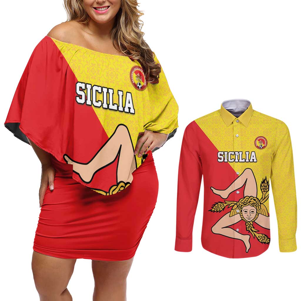 Custom Sicilia Football Couples Matching Off Shoulder Short Dress and Long Sleeve Button Shirt Naziunali Siciliana - Wonder Print Shop
