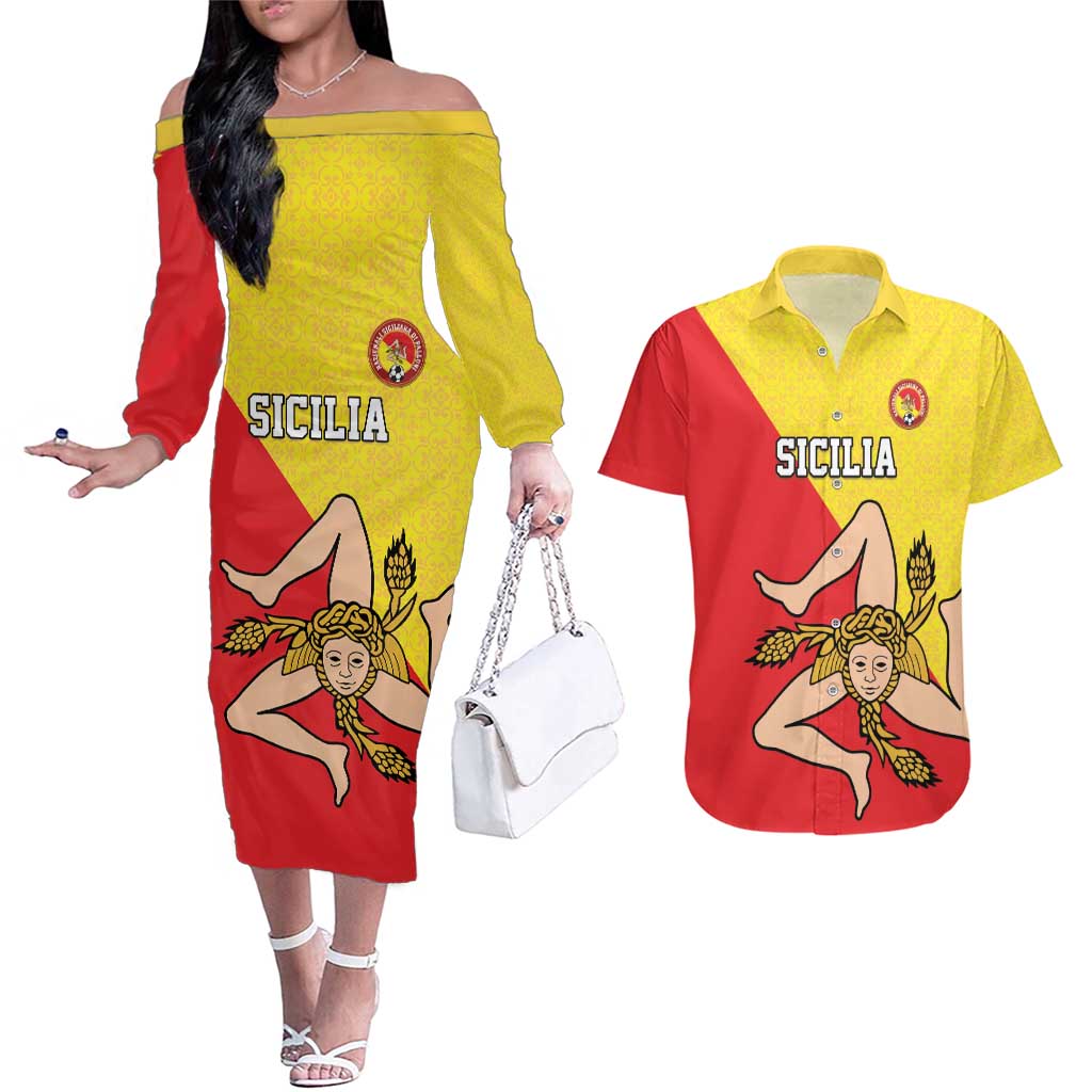 Custom Sicilia Football Couples Matching Off The Shoulder Long Sleeve Dress and Hawaiian Shirt Naziunali Siciliana - Wonder Print Shop
