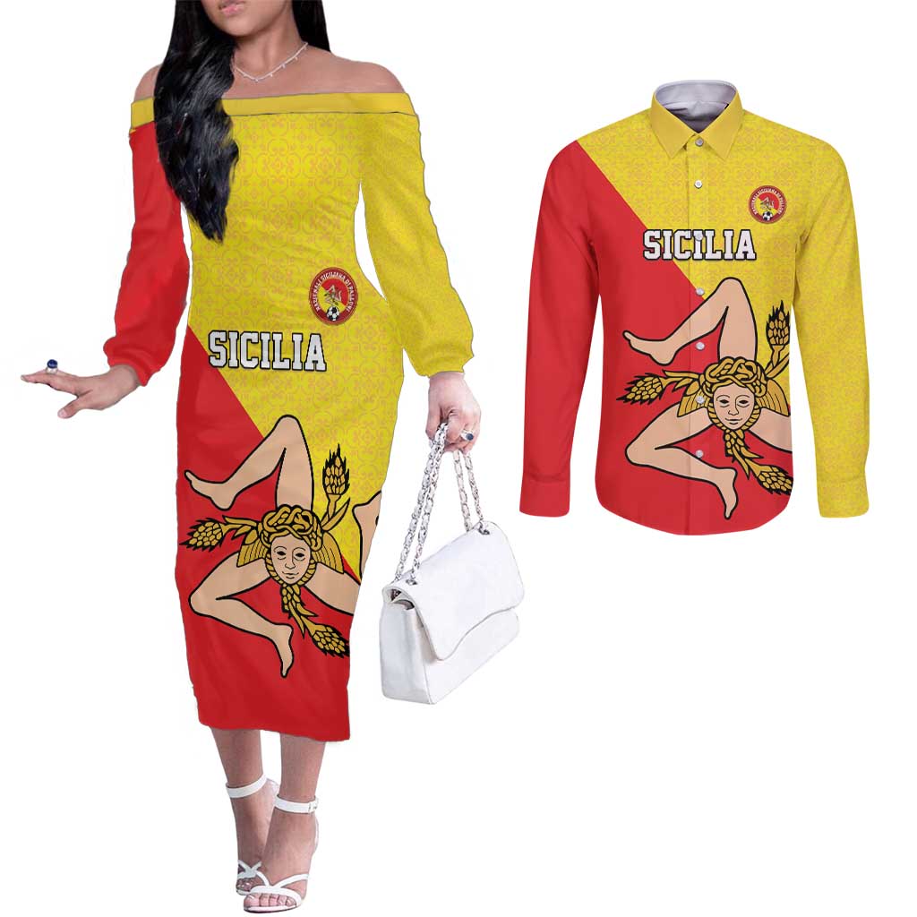 Custom Sicilia Football Couples Matching Off The Shoulder Long Sleeve Dress and Long Sleeve Button Shirt Naziunali Siciliana - Wonder Print Shop
