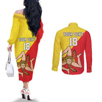 Custom Sicilia Football Couples Matching Off The Shoulder Long Sleeve Dress and Long Sleeve Button Shirt Naziunali Siciliana - Wonder Print Shop