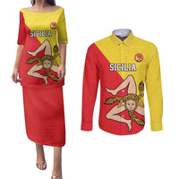 Custom Sicilia Football Couples Matching Puletasi and Long Sleeve Button Shirt Naziunali Siciliana - Wonder Print Shop