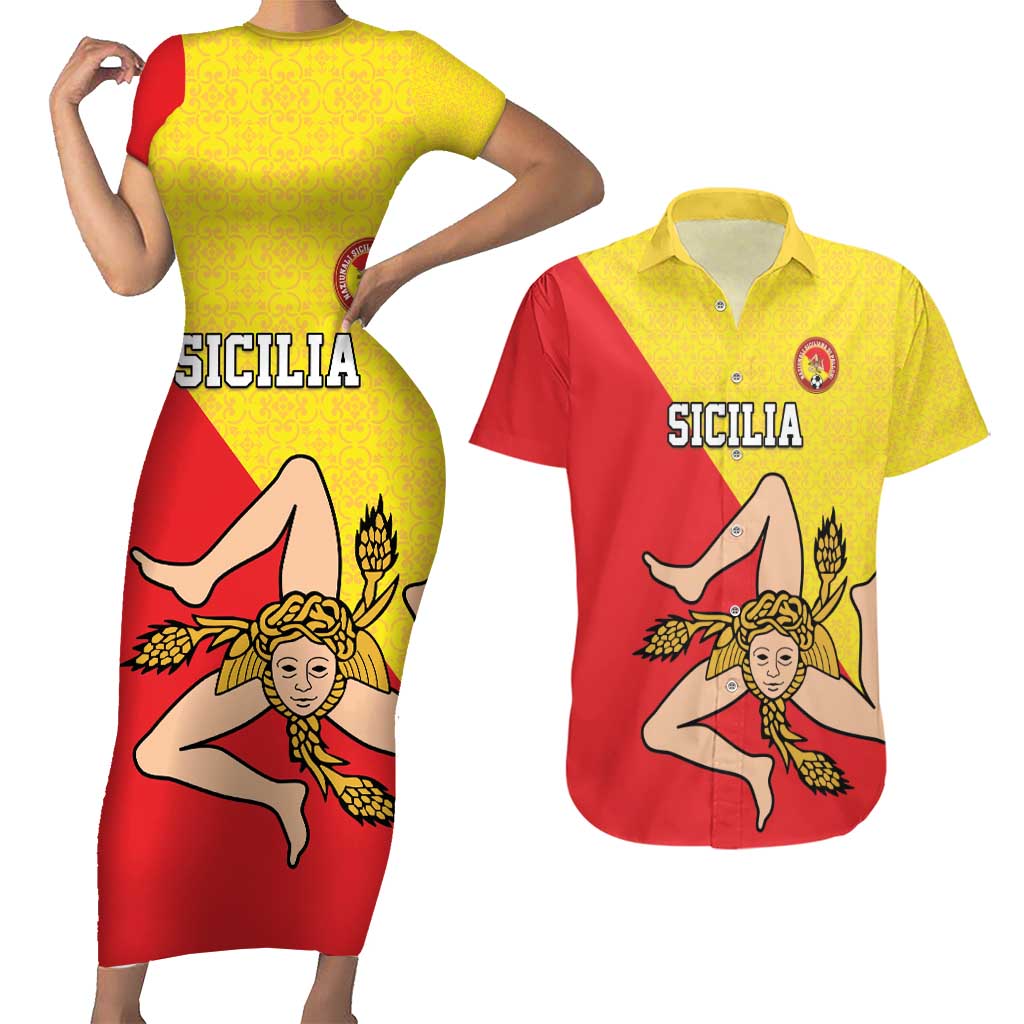 Custom Sicilia Football Couples Matching Short Sleeve Bodycon Dress and Hawaiian Shirt Naziunali Siciliana - Wonder Print Shop