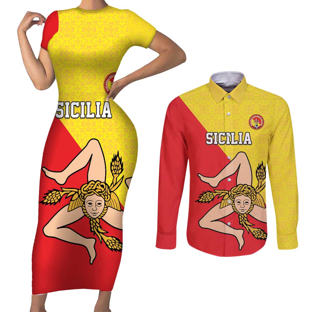 Custom Sicilia Football Couples Matching Short Sleeve Bodycon Dress and Long Sleeve Button Shirt Naziunali Siciliana - Wonder Print Shop