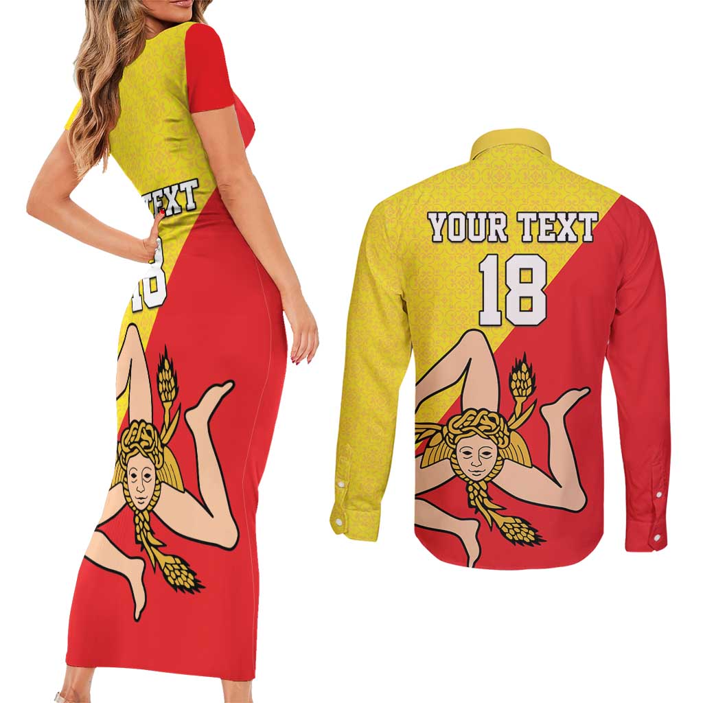 Custom Sicilia Football Couples Matching Short Sleeve Bodycon Dress and Long Sleeve Button Shirt Naziunali Siciliana - Wonder Print Shop