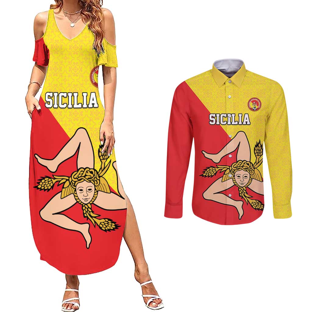 Custom Sicilia Football Couples Matching Summer Maxi Dress and Long Sleeve Button Shirt Naziunali Siciliana - Wonder Print Shop