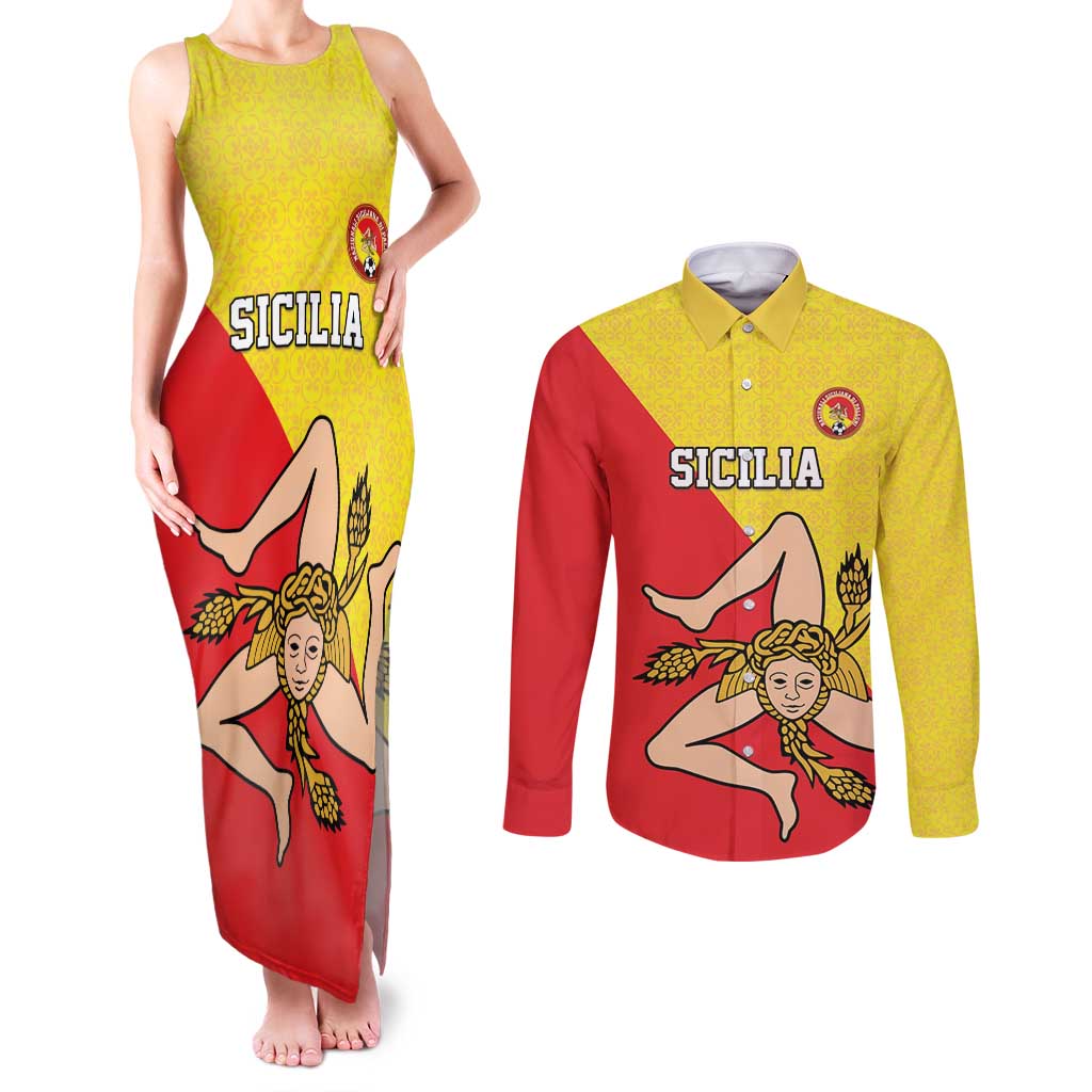 Custom Sicilia Football Couples Matching Tank Maxi Dress and Long Sleeve Button Shirt Naziunali Siciliana - Wonder Print Shop
