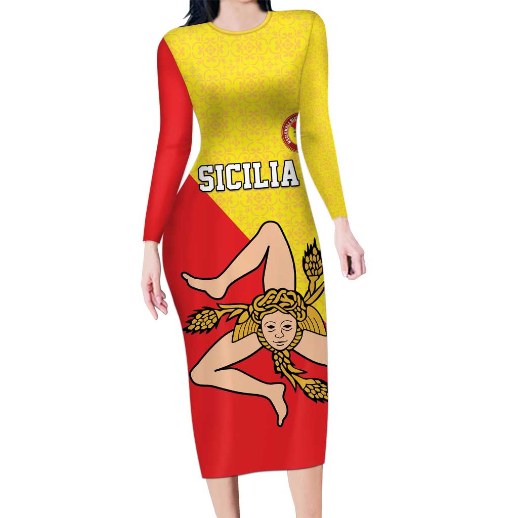 Custom Sicilia Football Long Sleeve Bodycon Dress Naziunali Siciliana - Wonder Print Shop