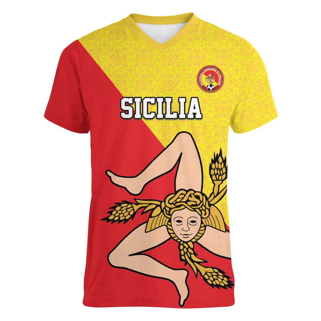 Custom Sicilia Football Women V-Neck T-Shirt Naziunali Siciliana - Wonder Print Shop