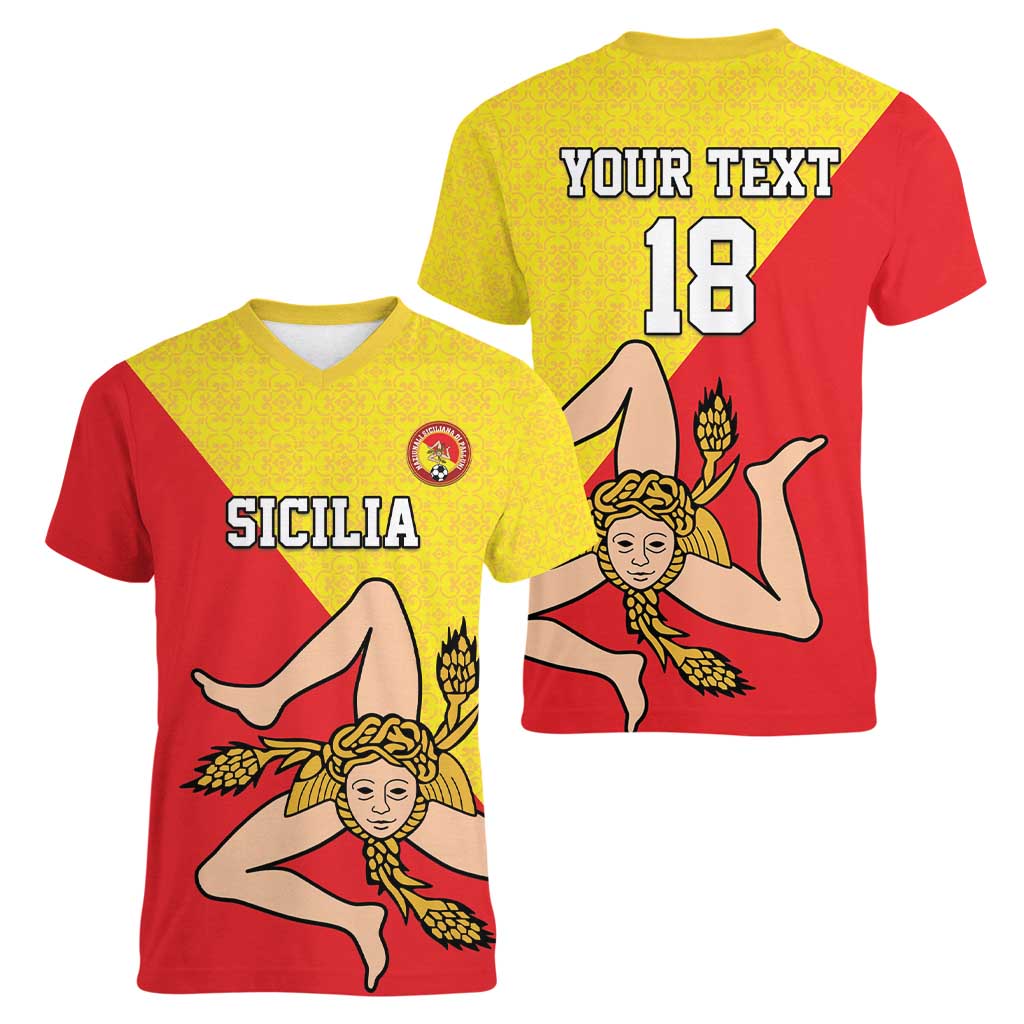 Custom Sicilia Football Women V-Neck T-Shirt Naziunali Siciliana - Wonder Print Shop
