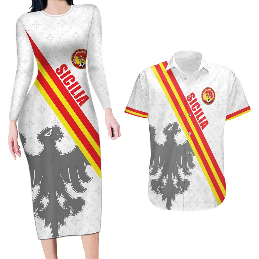Custom Sicilia Football Couples Matching Long Sleeve Bodycon Dress and Hawaiian Shirt Animus Tuus Dominus - Wonder Print Shop