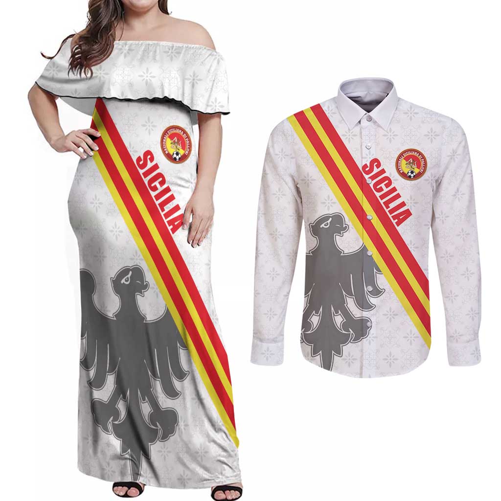 Custom Sicilia Football Couples Matching Off Shoulder Maxi Dress and Long Sleeve Button Shirt Animus Tuus Dominus - Wonder Print Shop