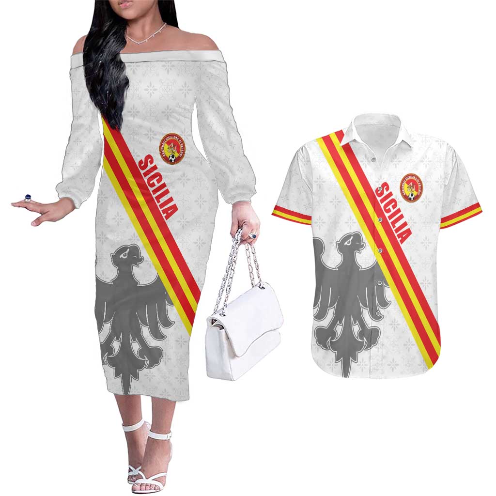 Custom Sicilia Football Couples Matching Off The Shoulder Long Sleeve Dress and Hawaiian Shirt Animus Tuus Dominus - Wonder Print Shop