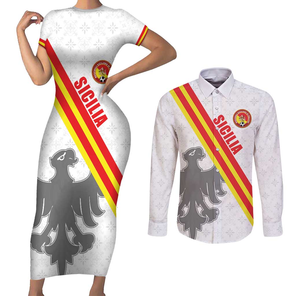 Custom Sicilia Football Couples Matching Short Sleeve Bodycon Dress and Long Sleeve Button Shirt Animus Tuus Dominus - Wonder Print Shop