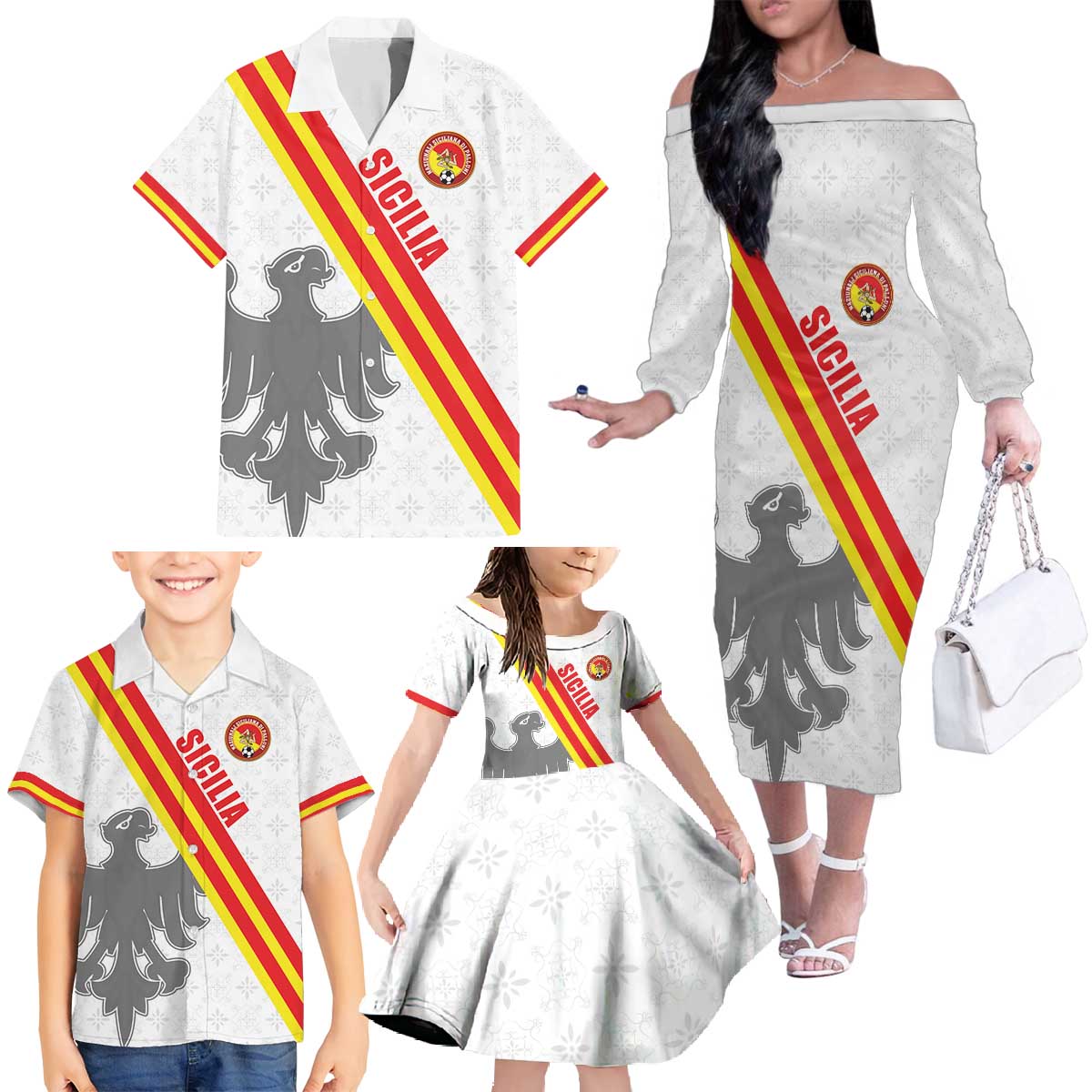 Custom Sicilia Football Family Matching Off The Shoulder Long Sleeve Dress and Hawaiian Shirt Animus Tuus Dominus - Wonder Print Shop
