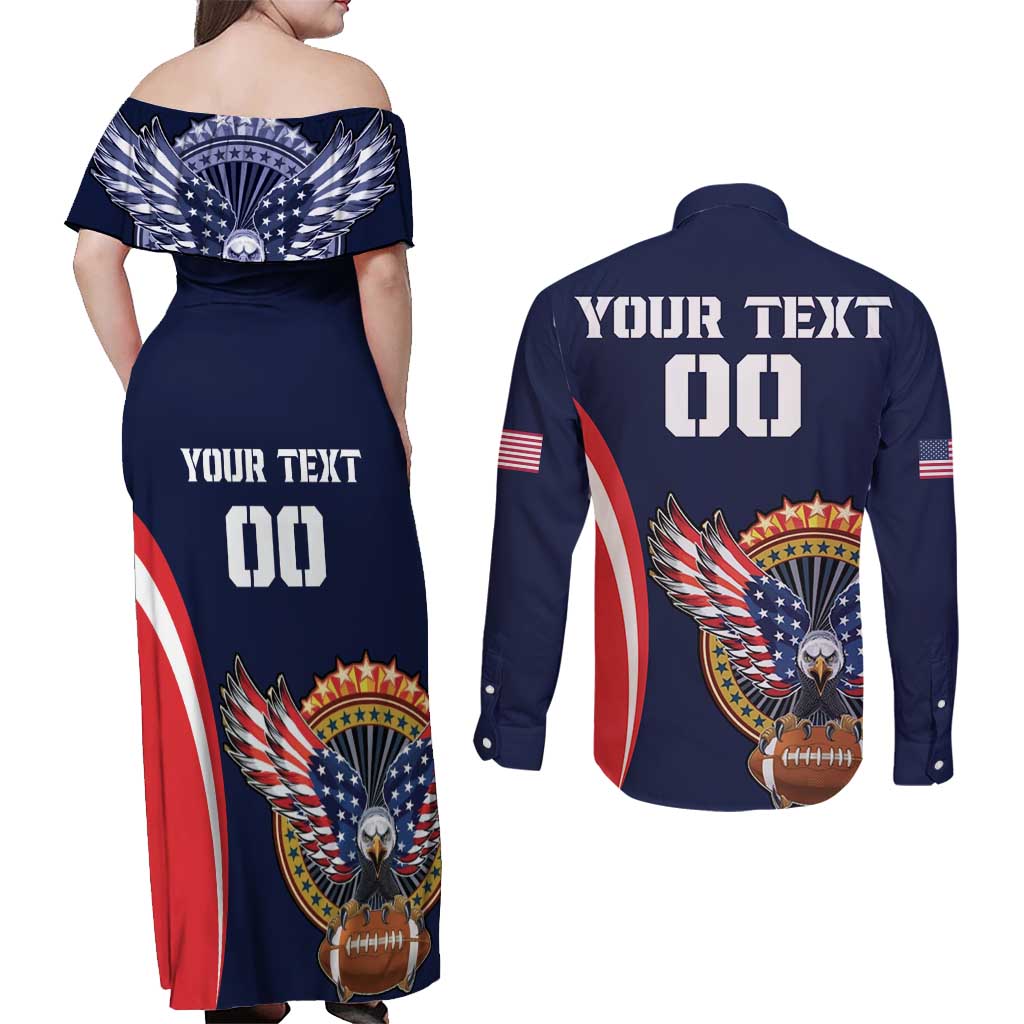 Custom USA Rugby Couples Matching Off Shoulder Maxi Dress and Long Sleeve Button Shirt American Eagle With USA Flags - Wonder Print Shop