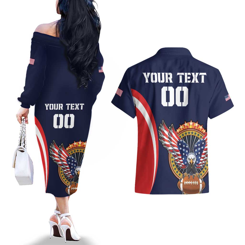 Custom USA Rugby Couples Matching Off The Shoulder Long Sleeve Dress and Hawaiian Shirt American Eagle With USA Flags - Wonder Print Shop