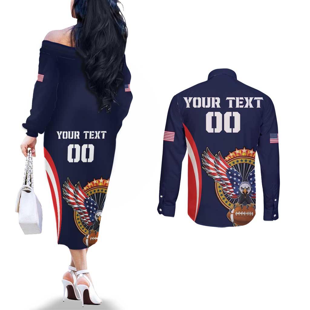 Custom USA Rugby Couples Matching Off The Shoulder Long Sleeve Dress and Long Sleeve Button Shirt American Eagle With USA Flags
