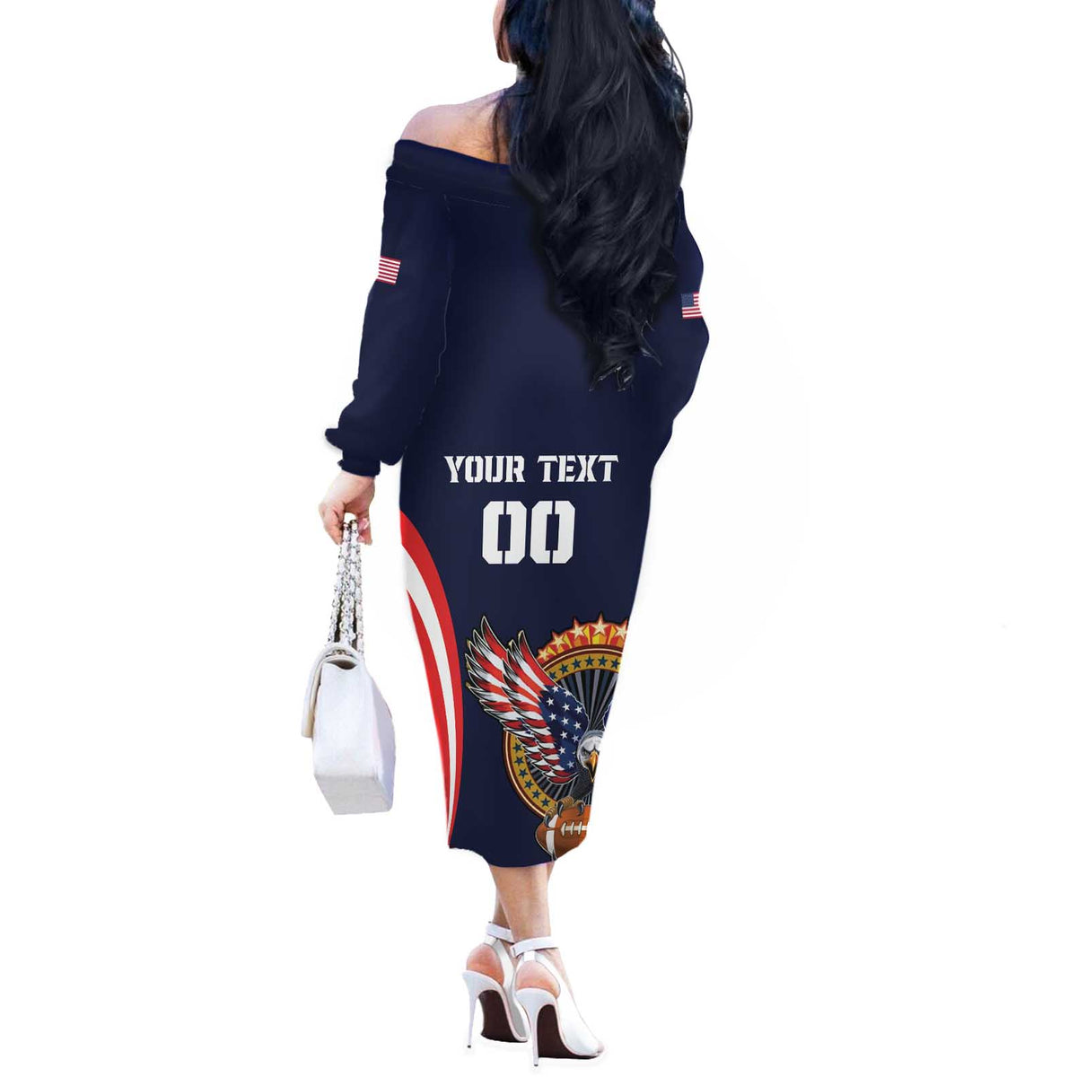 Custom USA Rugby Off The Shoulder Long Sleeve Dress American Eagle With USA Flags - Wonder Print Shop