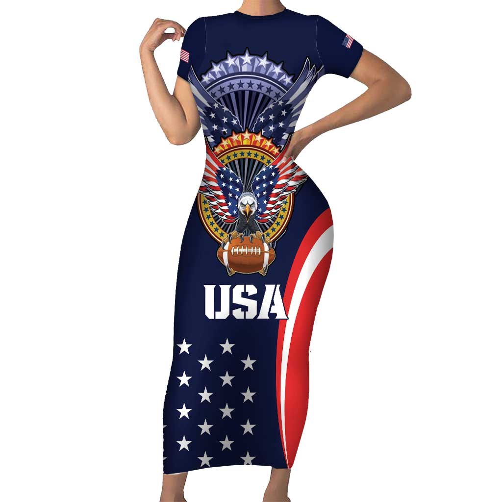 Custom USA Rugby Short Sleeve Bodycon Dress American Eagle With USA Flags - Wonder Print Shop