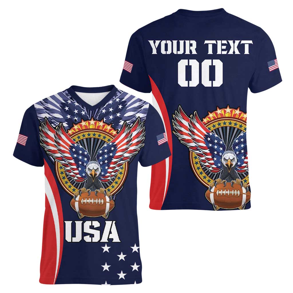 Custom USA Rugby Women V-Neck T-Shirt American Eagle With USA Flags - Wonder Print Shop