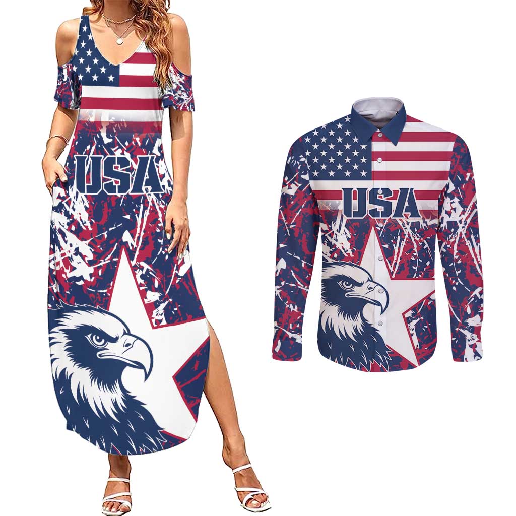 Custom USA Rugby Couples Matching Summer Maxi Dress and Long Sleeve Button Shirt Pacific Go Eagles 2024 - Wonder Print Shop