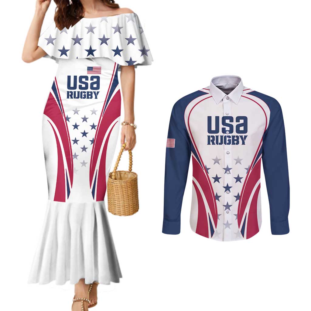 Custom USA Rugby Couples Matching Mermaid Dress and Long Sleeve Button Shirt Simple Style