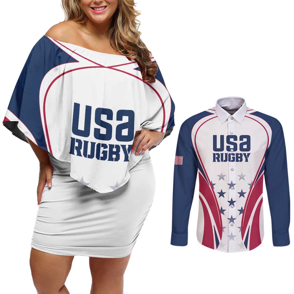 Custom USA Rugby Couples Matching Off Shoulder Short Dress and Long Sleeve Button Shirt Simple Style - Wonder Print Shop