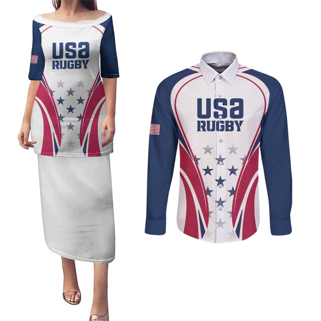 Custom USA Rugby Couples Matching Puletasi and Long Sleeve Button Shirt Simple Style - Wonder Print Shop