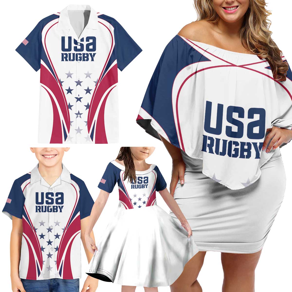 Custom USA Rugby Family Matching Off Shoulder Short Dress and Hawaiian Shirt Simple Style - Wonder Print Shop