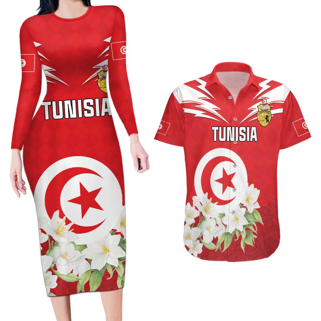 Personalized Tunisia Couples Matching Long Sleeve Bodycon Dress and Hawaiian Shirt Jasmine Flower and Emblem - Wonder Print Shop
