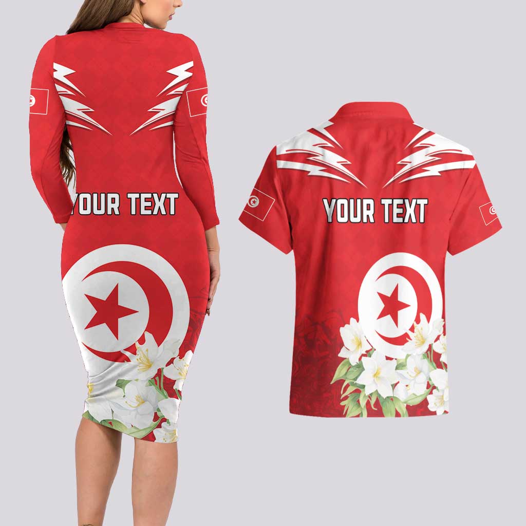 Personalized Tunisia Couples Matching Long Sleeve Bodycon Dress and Hawaiian Shirt Jasmine Flower and Emblem - Wonder Print Shop