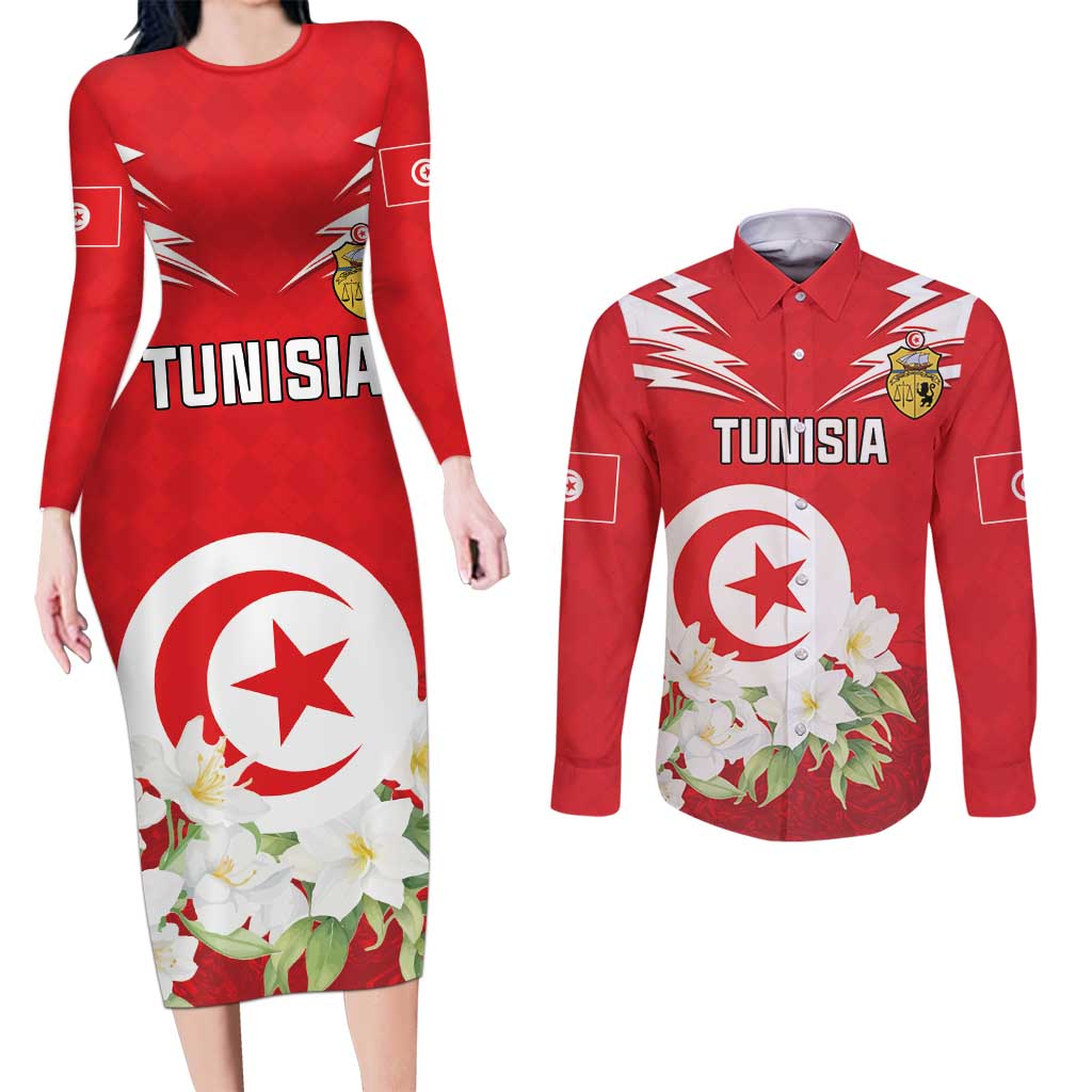 Personalized Tunisia Couples Matching Long Sleeve Bodycon Dress and Long Sleeve Button Shirt Jasmine Flower and Emblem - Wonder Print Shop