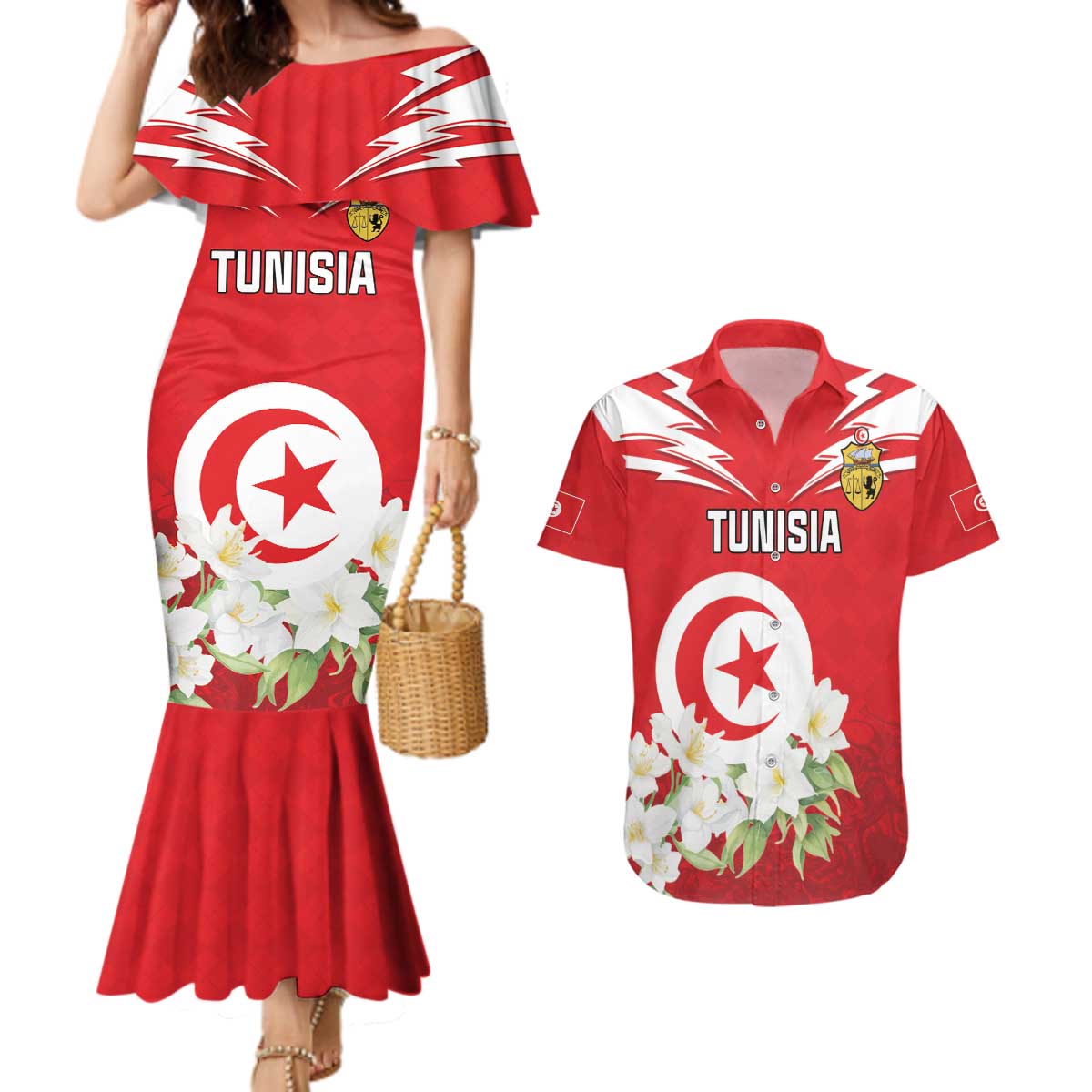 Personalized Tunisia Couples Matching Mermaid Dress and Hawaiian Shirt Jasmine Flower and Emblem - Wonder Print Shop