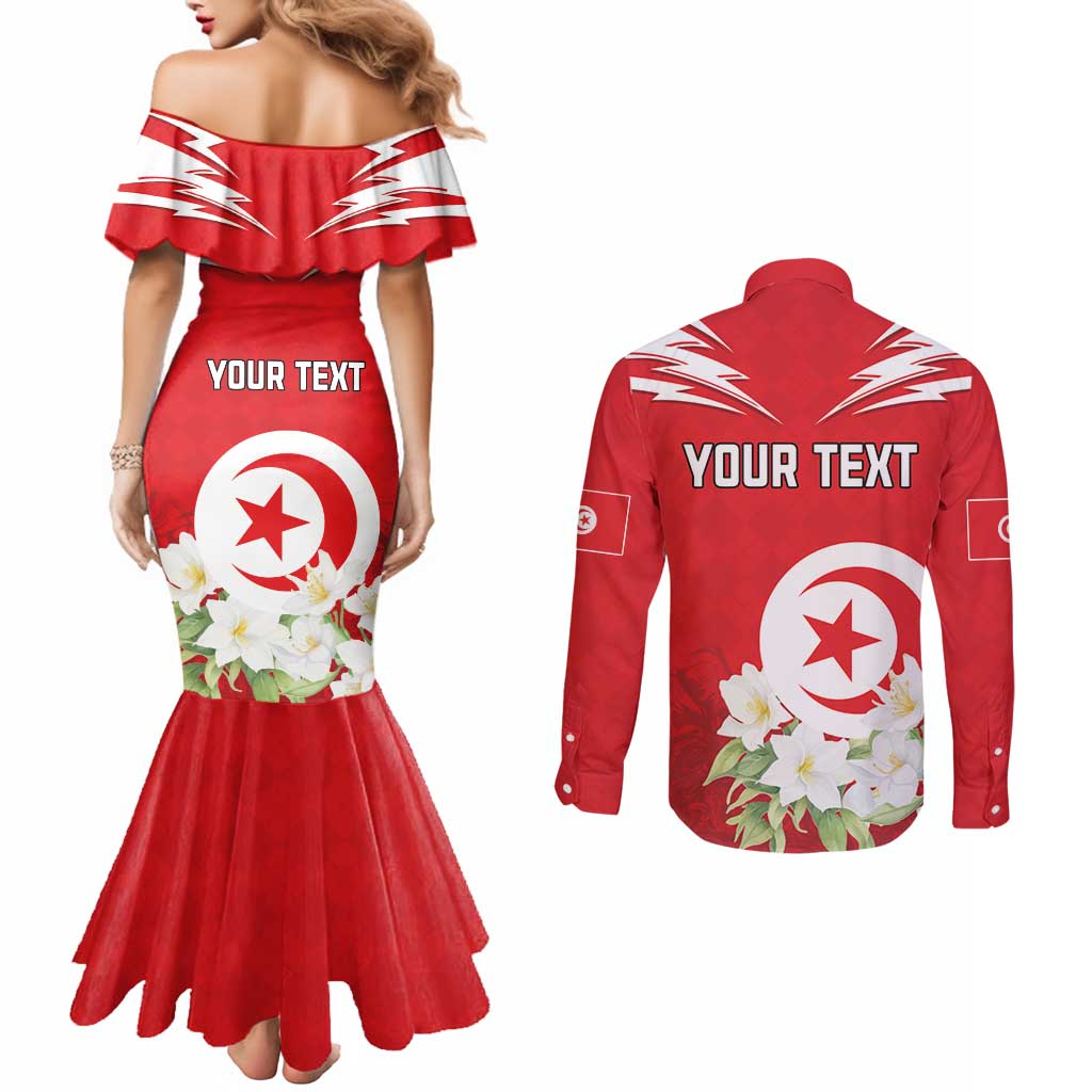Personalized Tunisia Couples Matching Mermaid Dress and Long Sleeve Button Shirt Jasmine Flower and Emblem