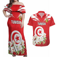 Personalized Tunisia Couples Matching Off Shoulder Maxi Dress and Hawaiian Shirt Jasmine Flower and Emblem - Wonder Print Shop