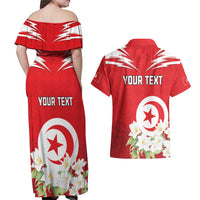 Personalized Tunisia Couples Matching Off Shoulder Maxi Dress and Hawaiian Shirt Jasmine Flower and Emblem - Wonder Print Shop
