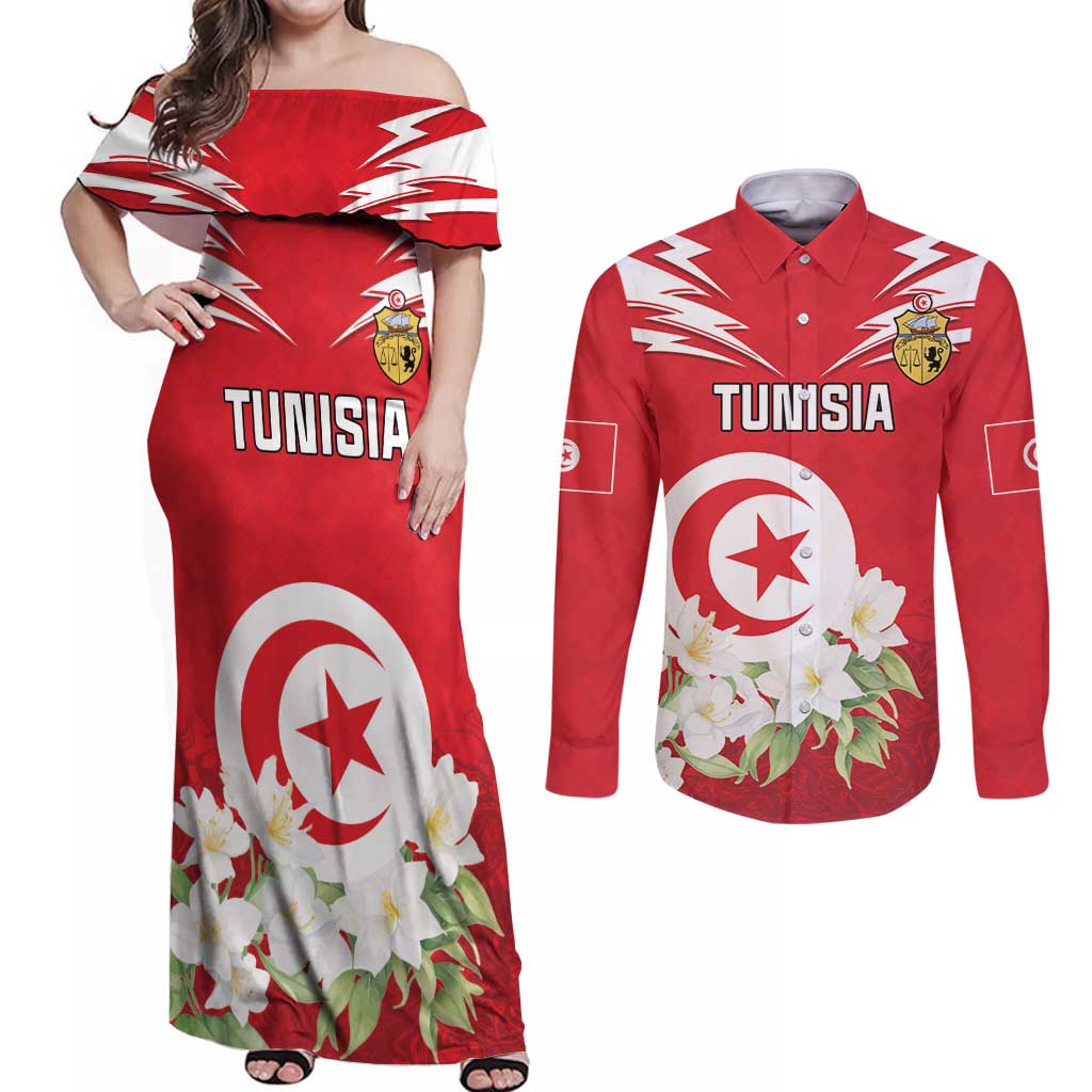 Personalized Tunisia Couples Matching Off Shoulder Maxi Dress and Long Sleeve Button Shirt Jasmine Flower and Emblem - Wonder Print Shop