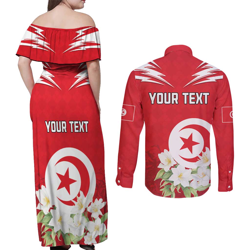 Personalized Tunisia Couples Matching Off Shoulder Maxi Dress and Long Sleeve Button Shirt Jasmine Flower and Emblem - Wonder Print Shop