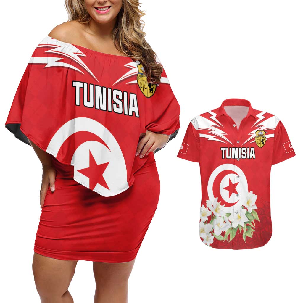 Personalized Tunisia Couples Matching Off Shoulder Short Dress and Hawaiian Shirt Jasmine Flower and Emblem - Wonder Print Shop